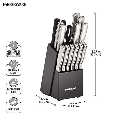 Farberware 15-Piece Kitchen Knife Set, High-Carbon Stainless Steel Blades with Wood Block, Steak Knives, Sharpening Tool & All-Purpose Shears, Razor Sharp, Ergonomic Stainless Steel Handles