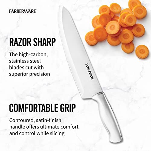 Farberware 15-Piece Kitchen Knife Set, High-Carbon Stainless Steel Blades with Wood Block, Steak Knives, Sharpening Tool & All-Purpose Shears, Razor Sharp, Ergonomic Stainless Steel Handles