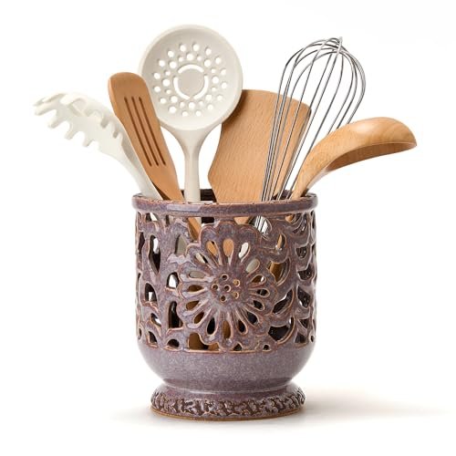 Farmhouse Kitchen Utensil Holder for Countertop, Ceramic Large Cooking Utensil Crock with Cork Mat, Decorative Rustic Utensil Holder for Kitchen Counter, Hollow Carving Flower, Purple