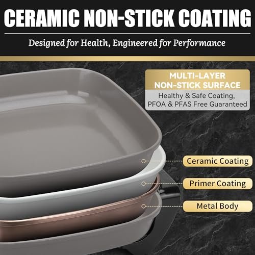 FineMade 12-inch Family Size Electric Skillet with Lid, Ceramic Skillet Electric, Square Skillet, Non Stick Electric Skillet Griddle Pan, PFAS-Free Temperature Control, 1500W, 6 QT, Gray