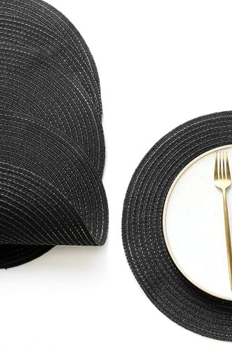 Floroom 15 Inch Round Braided Placemats Set of 4, Washable Heat Resistant Cotton Polyester Circle Place Mats for Kitchen Dining Table - Black