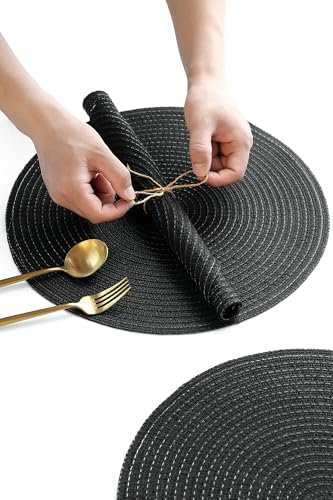 Floroom 15 Inch Round Braided Placemats Set of 4, Washable Heat Resistant Cotton Polyester Circle Place Mats for Kitchen Dining Table - Black