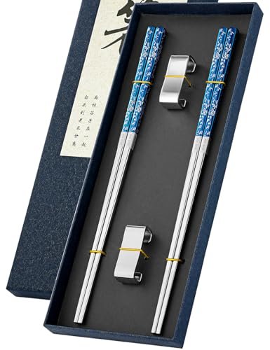 FOFAYU Metal Chopsticks Reusable 2 Pairs Titanium Plated Stainless Steel Chopsticks with Holder, Dishwasher Safe Non-Slip Japanese Style Chop Sticks Present Set (Blue Silver)