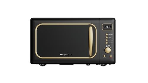Frigidaire, 0.7 Cu. Ft. Retro Countertop Microwave Oven, 700W Compact Microwave with 8 Auto Cook Menus, Auto Defrost, 5 Power Levels, LED Display, Glass Turntable, Black Gold