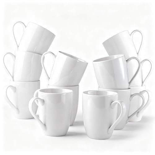 GBhome White Coffee Mugs Set of 12, 12 oz Ceramic Coffee Cups