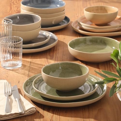 Gibson Elite Manila Bay 16-Piece Stoneware Dinnerware Set, Service for 4, Reactive Glaze Modern Artisan Plates, Bowls & Mugs, Assorted Colors, Round Design