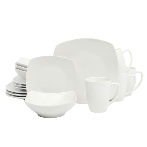 Gibson Home Zen Buffet White Porcelain Dinnerware Set for 4, Square Plates Bowls and Mugs, Chip and Scratch Resistant, Dishwasher and Microwave Safe, 16 Piece