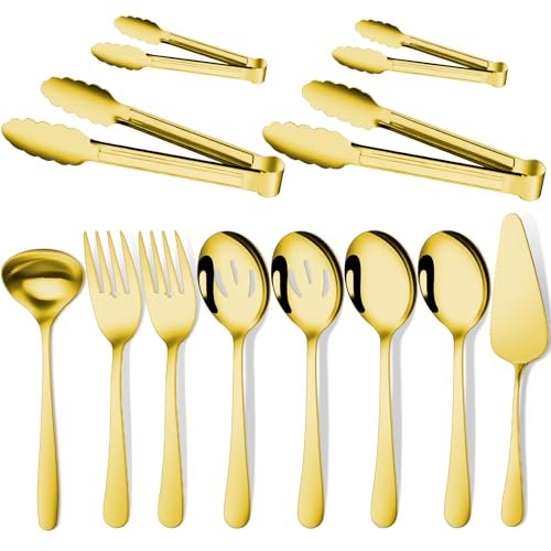 Gisly Gold 12 Pieces Serving Utensils Include Large Serving Spoons,Slotted Serving Spoons,Serving Forks,Serving Tongs,Appetizers Tongs,Soup Ladle and Pie Cake Server for Buffet Catering