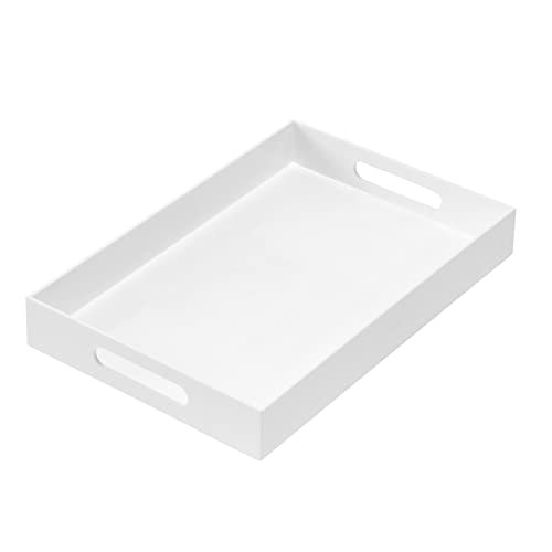 Glossy White Sturdy Acrylic Serving Tray with Handles 10x15x2H Inches -Spill Proof- Decorative Trays Countertop Organizer for Ottoman Coffee Table Nightstand, sidetable, Breakfast, Tea, Food