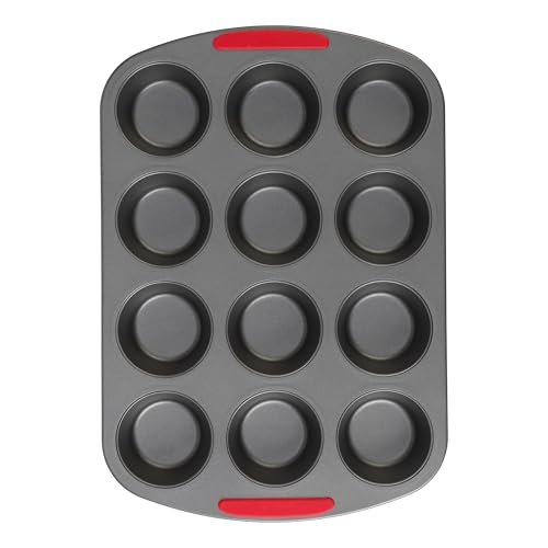 GoodCook MegaGrip 12-Cup Muffin Pan with Silicone Grip Handles Perfect for Cupcakes Durable Heavy-Gauge Steel Construction Scratch-Resistant Nonstick Coating, 15.5x10.5-Inch, Gray