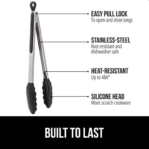 GORILLA GRIP Stainless Steel Kitchen Tongs for Cooking, 2 PK, Black