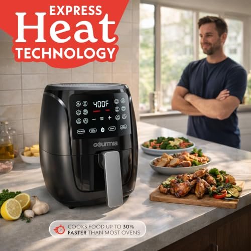 Gourmia Air Fryer - 4 Qt Capacity, FryForce360º, Digital Display with 8 Presets, Roast, Bake, Broil, Dehydrate, Dishwasher Safe Accessories, Compact, Black
