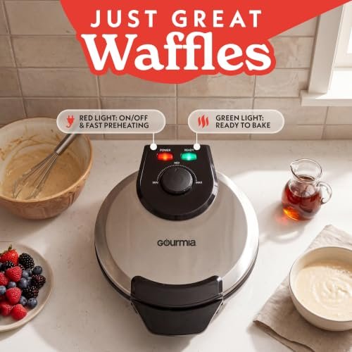Gourmia Belgian Waffle Maker – Compact Design with Upright Storage, Adjustable Browning, and Easy-Clean Nonstick Ceramic Plates, Stainless Steel