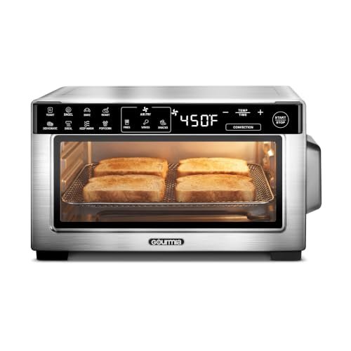 Gourmia Toaster Oven Air Fryer - 4 Slice Capacity, Single Door, Digital Display, Air Fry, Toast & Dehydrate, Convection Cooking, Fits 8” Pizza, 3 Rack Positions, Dishwasher-Safe Trays, Stainless Steel