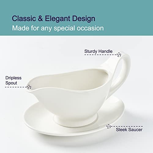 Gravy Boat with Saucer - 16oz Fine Porcelain Sauce & Salad Dressing Boat (White)