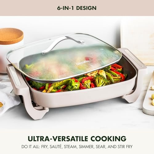 GreenPan Advanced 12” X 15” Electric Skillet with Lid, 7QT Capacity for Family Meals, Ceramic Nonstick PFAS-Free Coating, Fry, Sauté, Steam, Simmer, Sear, Stir Fry, Dishwasher Safe, Clay