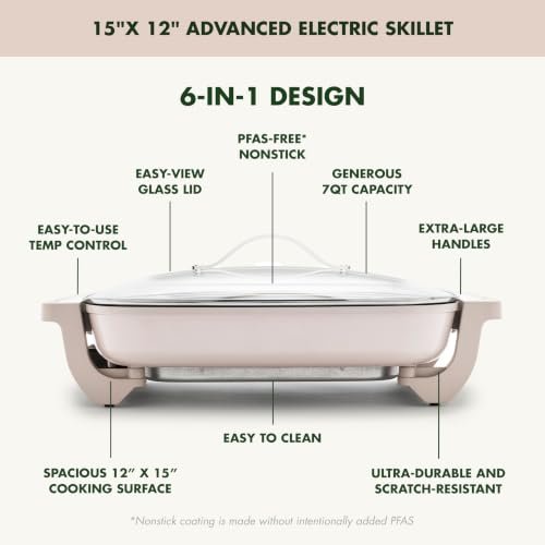 GreenPan Advanced 12” X 15” Electric Skillet with Lid, 7QT Capacity for Family Meals, Ceramic Nonstick PFAS-Free Coating, Fry, Sauté, Steam, Simmer, Sear, Stir Fry, Dishwasher Safe, Clay