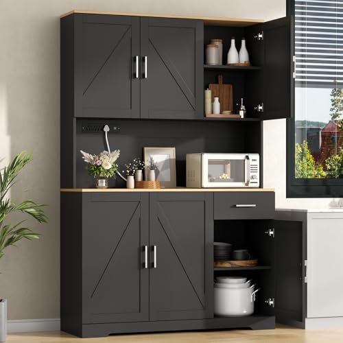 Gyfimoie 71'' Tall Kitchen Pantry Cabinet w/Power Outlet, Farmhouse Kitchen Storage Cabinet Freestanding Hutch w/Drawer, 4 Adjustable Shelf & 6 Doors for Dining (Black, 71‘’H x 40.24''W x15.28''D)