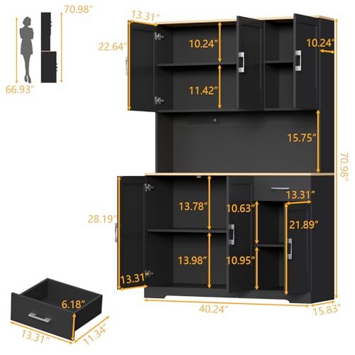 Gyfimoie 71'' Tall Kitchen Pantry Cabinet w/Power Outlet, Farmhouse Kitchen Storage Cabinet Freestanding Hutch w/Drawer, 4 Adjustable Shelf & 6 Doors for Dining (Black, 71‘’H x 40.24''W x15.28''D)