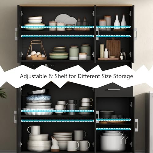 Gyfimoie 71'' Tall Kitchen Pantry Cabinet w/Power Outlet, Farmhouse Kitchen Storage Cabinet Freestanding Hutch w/Drawer, 4 Adjustable Shelf & 6 Doors for Dining (Black, 71‘’H x 40.24''W x15.28''D)