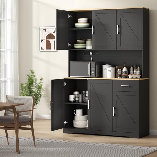 Gyfimoie 71'' Tall Kitchen Pantry Cabinet w/Power Outlet, Farmhouse Kitchen Storage Cabinet Freestanding Hutch w/Drawer, 4 Adjustable Shelf & 6 Doors for Dining (Black, 71‘’H x 40.24''W x15.28''D)