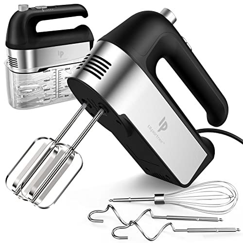 Hand Mixer Electric, 450W Kitchen Mixers with Scale Cup Storage Case, Turbo Boost/Self-Control Speed + 5 Speed + Eject Button + 5 Stainless Steel Accessories, For Easy Whipping Dough, Cream, Black