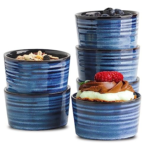 Hasense 6 oz Ramekins for Baking,Ceramic Souffle Dish Oven Safe Set of 6,Porcelain Dipping Sauce Bowls for Pudding, Creme Brulee, Souffle, Serving Dip, Custard, Ice Cream(Blue)
