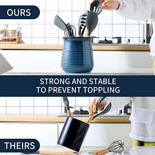 HASENSE Utensil Holder for Kitchen Counter 7.1” Cooking Utensil Crock for Countertop, Blue Ceramic Stable Utensil Organizer Caddy with Reactive Glaze for Spatula and Spoon, Dishwasher Safe