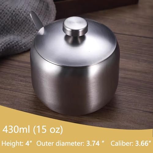 hiwafifi 15oz Sugar Bowl with Lid And Spoon, Stainless Steel Sugar Creamer Container, Round Sugar Jar, Durable Sugar Pot for Coffee Bar Accessories, Coffee Bar Decor, Home and Kitchen Storage, Silver