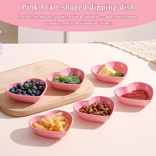 HOMQUEN Dipping Bowls, 3oz Soy Sauce Dish, Pturdy Plastic Small Bowls Set of 6, Pink Love Heart Mini Appetizer Plates for Sauce, Soy Sauce, Condiment, Side Dishes, Sushi, Ketchup, BBQ Party