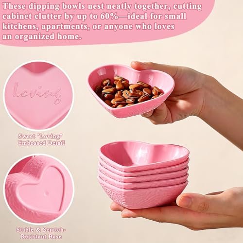 HOMQUEN Dipping Bowls, 3oz Soy Sauce Dish, Pturdy Plastic Small Bowls Set of 6, Pink Love Heart Mini Appetizer Plates for Sauce, Soy Sauce, Condiment, Side Dishes, Sushi, Ketchup, BBQ Party