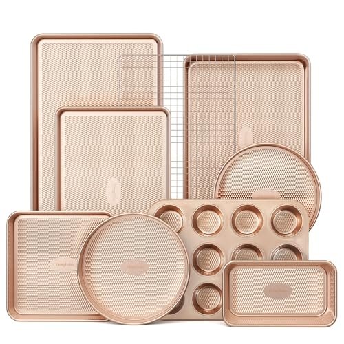 HONGBAKE 9-Piece Baking Pans Set Nonstick, Stackable Non Toxic Bakeware Sets with Diamond Texture, Oven Pan Set for Cooking, Includes Cookie Sheet with Rack, Cake Pan, Roasting Pan, Muffin Tin, Gold