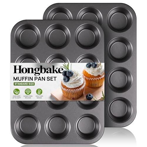 HONGBAKE Muffin Pan for Baking, Nonstick Cupcake Tin 12 Cup, 2 Pack Cup Cake Tray, Premium Cheesecake Pans, Dishwasher Safe - Dark Grey