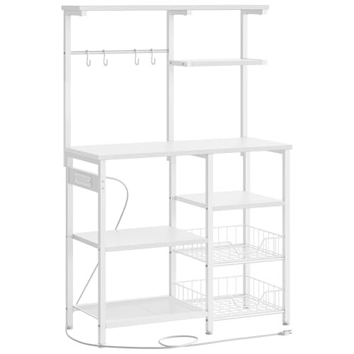 HOOBRO Large Bakers Rack with Power Outlets, 6-Tier Microwave Stand with 4 Hooks, Coffee Bar, Kitchen Shelf with Wire Basket, for Kitchen, Living Room, Office, White WW64UHB01