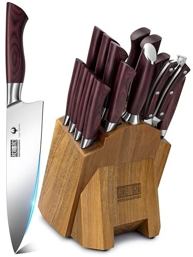 HOSHANHO 18PCS Kitchen Knife Block Set, Sharp Chef Knives with Sharpener