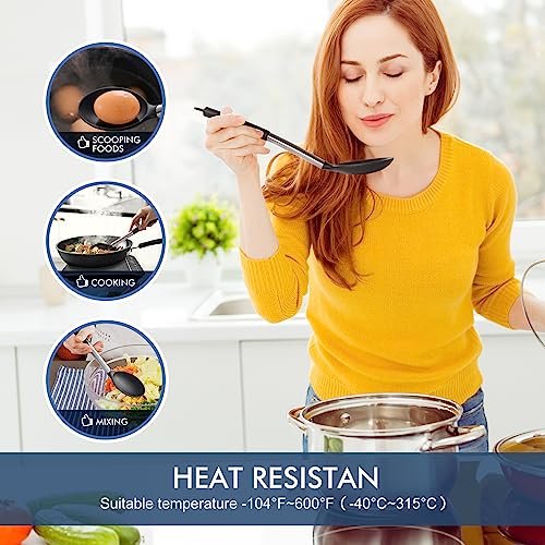 HOTEC 446°F Heat Resistant Large Silicone Cooking Spoon, BPA Free Solid Slotted Spoons, Nonstick Kitchen Cookware Utensils, Mixing, Serving, Stiring Large Spoons, Black