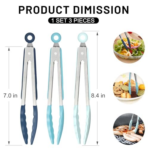 Hotec Mini Silicone Kitchen Tongs for Cooking - 7-Inch Small Serving Tongs with Silicone Tips, Set of 3 (Blue)