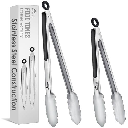 Hotec Stainless Steel Kitchen Tongs, Locking Metal Food Tongs for Cooking, Serving, BBQ, Grill & Air Fryer with Non-Slip Grip, Set of 2-9" and 12"