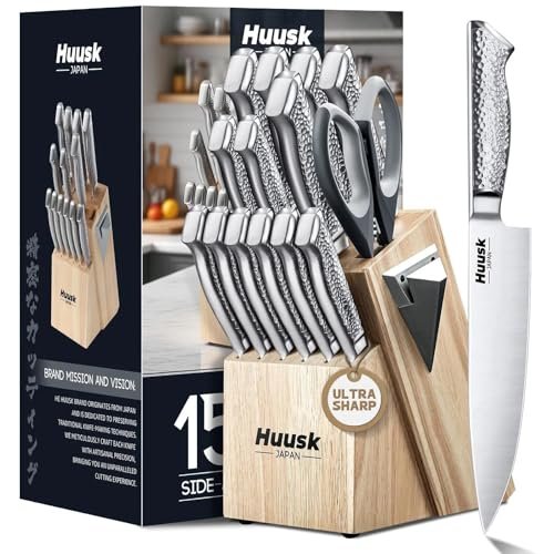 Huusk Kitchen Knife Set with Block & Built-in Sharpener - 15pcs
