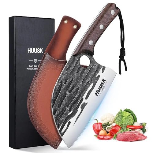 Huusk Meat Cleaver Knife with Sheath, Hand Forged Chopping Butcher Knives