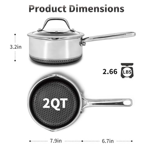 Hybrid Nonstick 2 QT Saucepan with Lid, Stainless Steel Honeycomb Pot with Two Pour Spouts,Compatible with All Cooktops,Dishwasher and Oven Safe