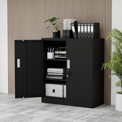 iJINGUR Metal Storage Cabinet with Locking Doors and 2 Adjustable Shelves, Small Lockable Storage Cabinet for Home Office Garage (Black)
