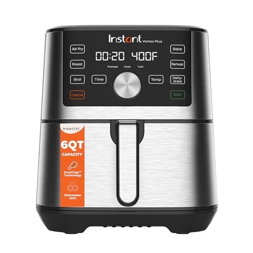Instant Pot 6QT VORTEX Plus Air Fryer, 6-in-1, Air Fry, Broil, Dehydrate, Crisp, Roast, Reheat, Bake, Dishwasher-Safe Airfryer basket, from the Makers of Instant Pot, Stainless Steel
