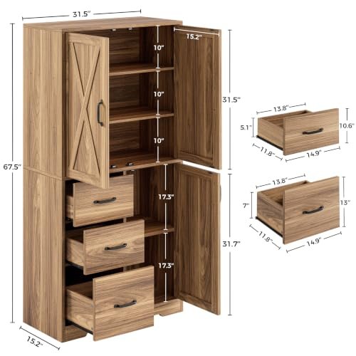 IRONCK Pantry Cabinet, Storage Cabinet with 3 Door & Drawer, Oak Brown