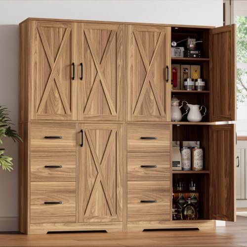 IRONCK Pantry Cabinet, Storage Cabinet with 3 Door & Drawer, Oak Brown