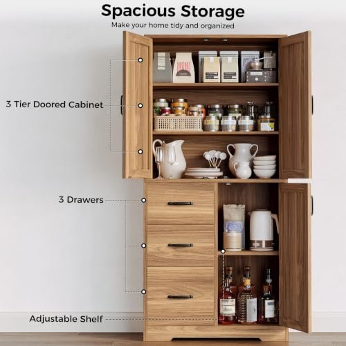 IRONCK Pantry Cabinet, Storage Cabinet with 3 Door & Drawer, Oak Brown