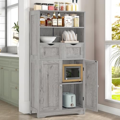 Iwell Storage Cabinet with 2 Drawers & Adjustable Shelf, Tall Bathroom Cabinet with Doors, Cupboard, Kitchen Cabinets for Living Room, Dining Room, Entryway, Grey