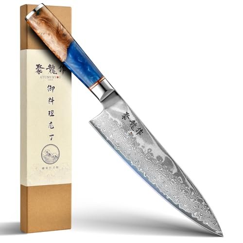 Japanese Chef Knife, 8 Inch Damascus Kitchen Knife with VG10 Steel, Ultra Sharp Professional Cooking Knives with Resin Wood Handle, Gift Box for Home & Restaurant