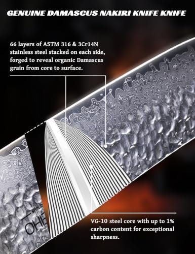 Japanese Nakiri Knife 7in,VG-10 Damascus High Carbon Steel