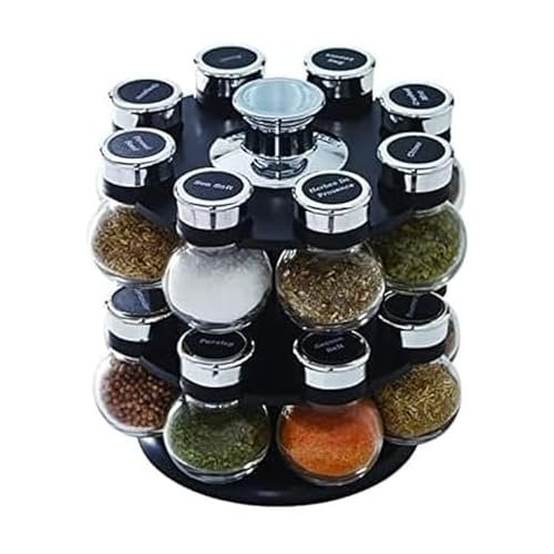 Kamenstein 16 Jar Ellington Revolving Countertop Spice Rack with Lift & Pour Caps and Spices Included, FREE Spice Refills for 5 Years: Black and Chrome